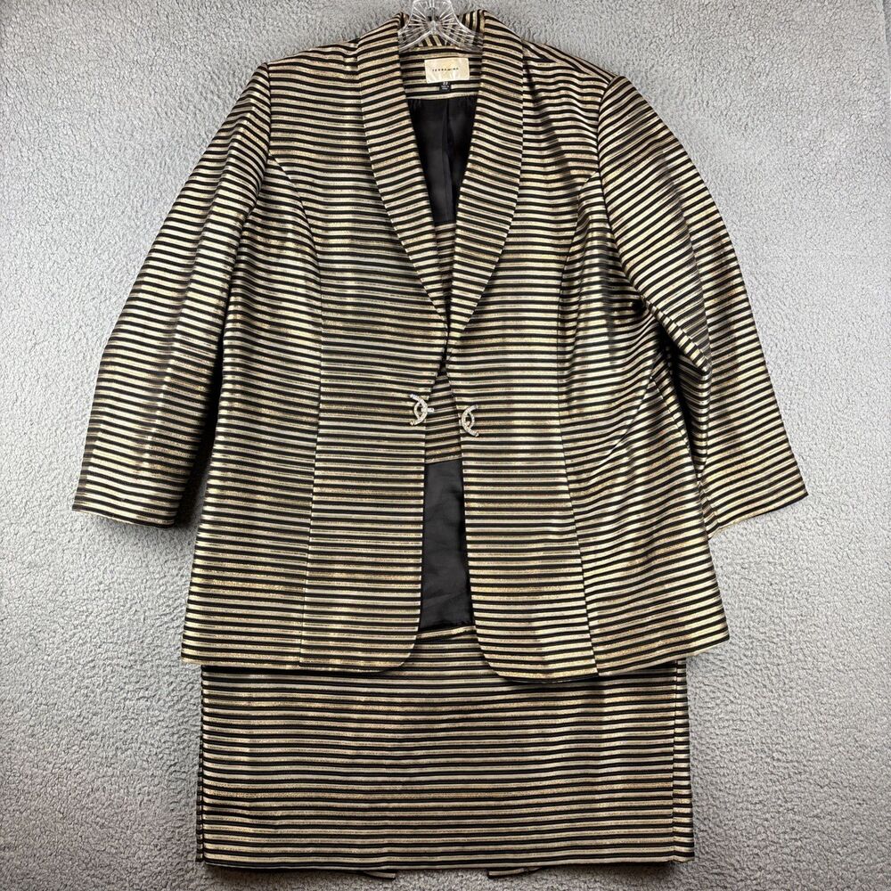 Terramina 2 PC Gold Black Metallic Skirt Jacket Suit Women’s Size 22 Striped